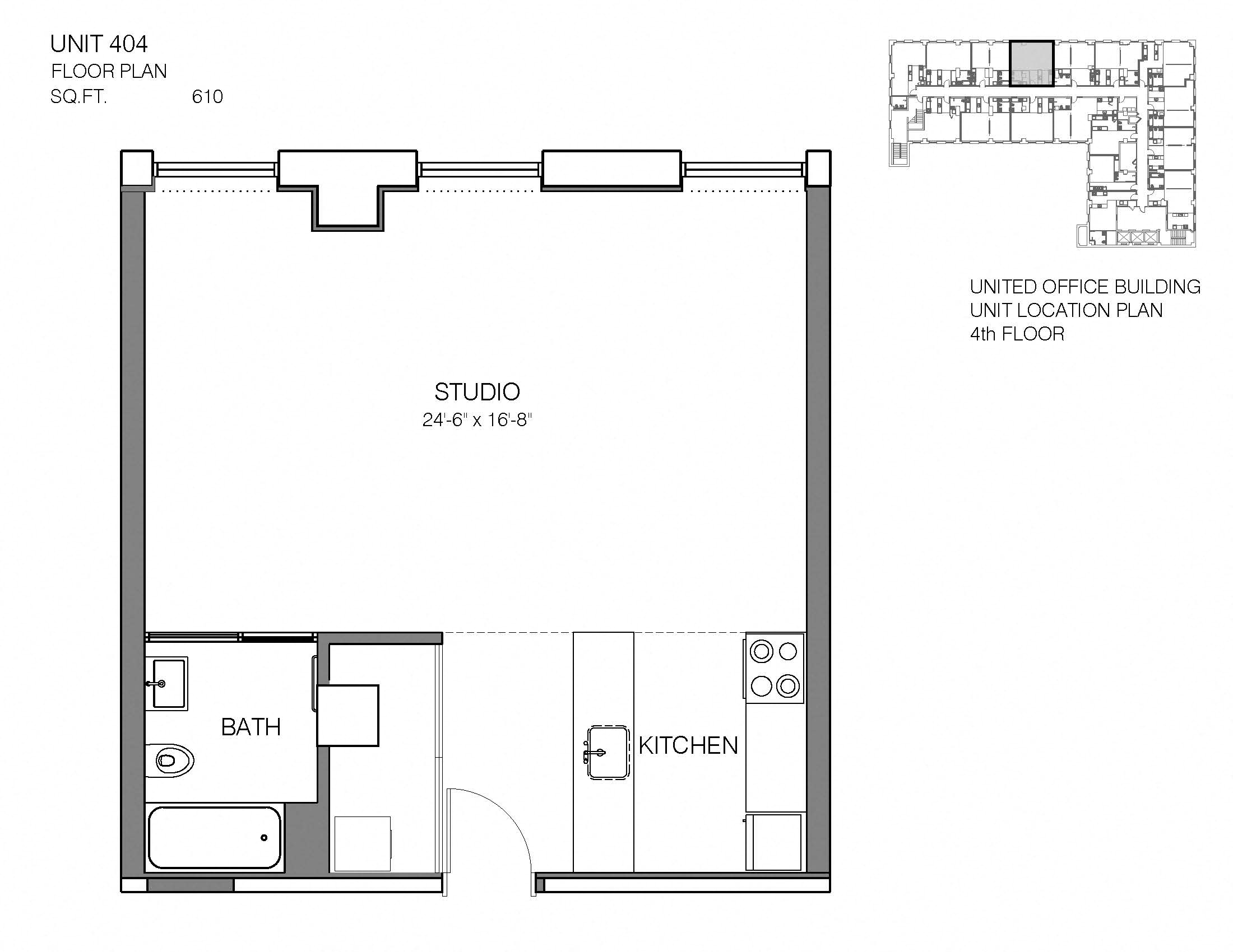 Floor plan for studio, 1 bath, 610 sqft